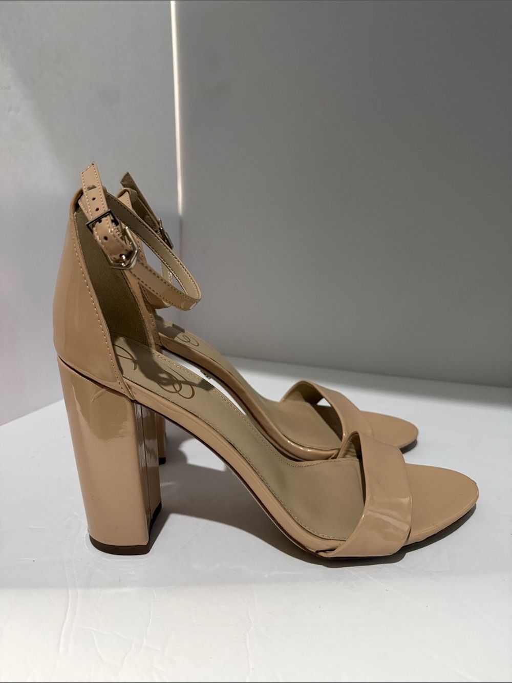 Sam Edelman Nude Patent Block Heel Sandals with Ankle Strap